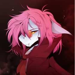 Size: 1940x1939 | Tagged: safe, anonymous artist, derpibooru import, oc, oc only, oc:clumsy von heim, original species, pony, undead, vampire, vampony, blood, closed species, clothes, cosplay, costume, fangs, gem eyed dracula race, gem eyes, looking at you, male, necktie, smiling, smirk, solo, stallion