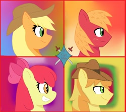 Size: 1947x1730 | Tagged: safe, artist:a.f blade kido, derpibooru import, apple bloom, applejack, big macintosh, braeburn, earth pony, pony, g4, album cover, apple family, apple family member, applejack's hat, blonde, blonde hair, braeburn's hat, clothes, cowboy hat, female, golden eyes, green eyes, hat, male, orange coat, red coat, red hair, smiling, yellow coat