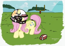 Size: 1032x734 | Tagged: safe, artist:alphadogdeluxe, derpibooru import, fluttershy, pegasus, pony, g4, 2012, detailed background, female, football, football helmet, grass, helmet, mare, outdoors, solo, sports