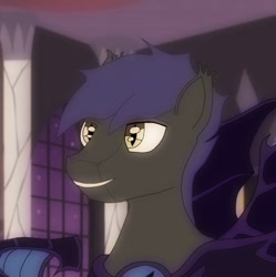 Size: 410x412 | Tagged: safe, artist:alphadogdeluxe, derpibooru import, oc, oc only, pony, 2013, bust, gray coat, grin, male, night guard, portrait, purple mane, smiling, solo, stallion