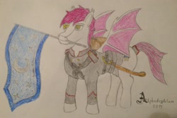 Size: 1280x855 | Tagged: safe, artist:alphadogdeluxe, derpibooru import, oc, oc only, bat pony, pony, bat pony oc, colored pencil drawing, holding, male, mouth hold, solo, stallion, traditional art, wave