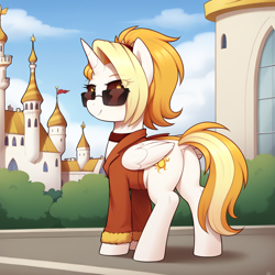 Size: 1024x1024 | Tagged: safe, ai content, derpibooru import, machine learning generated, oc, oc:dyx, alicorn, pony, butt, canterlot, clothes, dock, female, horn, mare, outdoors, plot, solo, sunglasses, tail, wings