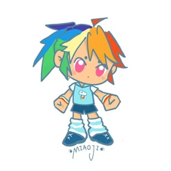 Size: 1080x1080 | Tagged: safe, artist:xiaoxiangzhic, derpibooru import, rainbow dash, human, g4, chibi, clothes, full body, humanized, multicolored hair, rainbow hair, shirt, simple background, solo, tan skin, white background