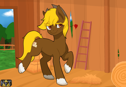 Size: 4096x2840 | Tagged: safe, artist:netango, derpibooru import, oc, oc only, oc:acres, earth pony, pony, coat markings, cowboy hat, earth pony oc, eyebrows, eyebrows visible through hair, farm, hat, hay, hay bale, heart, ladder, male, raised eyebrow, smiling, socks (coat marking), solo, spread legs, spreading, stallion, unshorn fetlocks