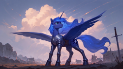 Size: 1920x1088 | Tagged: safe, ai content, derpibooru import, machine learning generated, princess luna, alicorn, pony, g4, armor, battlefield, breastplate, cloud, ethereal mane, female, frown, full body, generator:tponynai3, greaves, head turn, heroic posing, horn, looking to side, looking to the right, low angle, mare, outdoors, plate armor, prompter:truekry, serious, sky, solo, spread wings, standing, sword, three quarter view, vambrace, weapon, wings