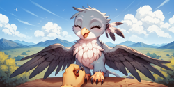 Size: 2400x1200 | Tagged: safe, ai content, derpibooru import, machine learning generated, gabby, griffon, g4, cute, eyes closed, gabbybetes, offscreen character, open mouth, open smile, outdoors, pov, prompter:greesys, smiling, solo focus, spread wings, wings