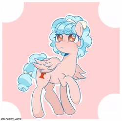 Size: 2048x2021 | Tagged: safe, artist:eltrash_art6, derpibooru import, cozy glow, pegasus, pony, g4, blush lines, blushing, cozybetes, cute, female, mare, older, older cozy glow, passepartout, raised hoof, raised leg, solo, text