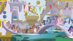 Size: 1280x720 | Tagged: safe, derpibooru import, screencap, blue october, blueberry muffin, bon bon, cloud kicker, doctor whooves, dusky grape, meadow song, oakey doke, spring melody, sprinkle medley, sweetie drops, pony, g4, the ticket master, bridge, canterlot, chocolate haze, klein, night shade, orrery, outdoors, pink cloud (g4), purple haze, river, unnamed character, unnamed pony, water