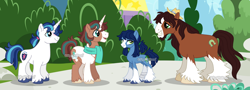 Size: 1280x460 | Tagged: safe, artist:hopenotfound, derpibooru import, shining armor, trouble shoes, oc, oc:snowdrop (hopenotfound), oc:willow tree, pony, unicorn, clothes, horn, magical gay spawn, male, offspring, outdoors, scarf, stallion