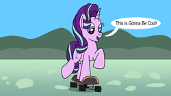 Size: 1920x1080 | Tagged: safe, artist:platinumdrop, derpibooru import, starlight glimmer, g4, commission, happy, outdoors, skateboard, smiling, speech bubble, talking