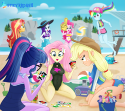 Size: 2403x2145 | Tagged: safe, artist:steyrrdash, derpibooru exclusive, derpibooru import, applejack, fluttershy, pinkie pie, rainbow dash, rarity, sci-twi, sunset shimmer, twilight sparkle, human, equestria girls, g4, bare shoulders, barefoot, beach, beach ball, bikini, breasts, bucket, clothes, feet, hat, hootershy, humane five, humane seven, humane six, kneeling, midriff, one-piece swimsuit, open mouth, open smile, outdoors, plushie, sarong, self plushidox, shoes removed, shorts, sleeveless, smiling, sports, sports bra, sports shorts, sun hat, swimsuit, uno, volleyball