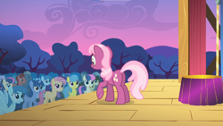 Size: 1366x768 | Tagged: safe, derpibooru import, screencap, blue october, blueberry muffin, bon bon, candy mane, cheerilee, doctor whooves, dusky grape, lemon hearts, meadow song, sweetie drops, pony, g4, the show stoppers, crowd, night shade, outdoors, purple haze, stage, unnamed character, unnamed pony