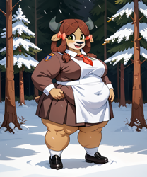 Size: 852x1024 | Tagged: safe, ai content, derpibooru import, generator:stable diffusion, machine learning generated, yona, anthro, yak, g4, bbw, bow, clothes, dress, fat, fat yona, forest, hair bow, nature, outdoors, plump, prompter:professordoctorc, school uniform, snow, snowfall, solo, soviet union, thighs, thunder thighs, tree