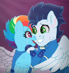 Size: 5381x5722 | Tagged: safe, artist:faitheverlasting, derpibooru import, rainbow dash, soarin', pegasus, pony, g4, alternate hairstyle, alternate timeline, amputee, apocalypse dash, armor, artificial wings, augmented, clothes, cork, crying, crystal empire, crystal war timeline, duo, duo male and female, embrace, facial scar, female, male, mare, mechanical wing, metal wing, prosthetic limb, prosthetic wing, prosthetics, scar, shipping, soarindash, sombraverse, stallion, straight, tears of joy, uniform, wings