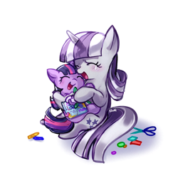 Size: 2048x2048 | Tagged: safe, artist:izuchi, derpibooru import, twilight sparkle, twilight velvet, unicorn twilight, pony, unicorn, g4, blushing, crying, cute, daaaaaaaaaaaw, duo, duo female, female, filly, filly twilight sparkle, foal, horn, mother and child, mother and daughter, mother's day, parent and child, scissors, simple background, sitting, smiling, twiabetes, white background, younger