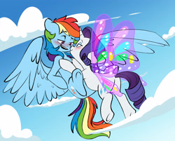 Size: 4153x3338 | Tagged: safe, artist:chub-wub, derpibooru import, rainbow dash, rarity, pegasus, pony, unicorn, g4, sonic rainboom (episode), 2022, backwards cutie mark, bedroom eyes, blushing, butt, butterfly wings, chest fluff, cloud, colored wings, duo, duo female, ears, eye contact, eyeshadow, female, floppy ears, flying, glimmer wings, gossamer wings, horn, lesbian, lidded eyes, looking at each other, looking at someone, makeup, mare, multicolored wings, old art, open mouth, outdoors, plot, rainbow wings, raridash, rearity, shipping, sky, spread wings, tail, wings