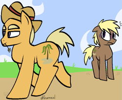 Size: 669x549 | Tagged: safe, artist:kharmacal, derpibooru import, coco crusoe, earth pony, pony, g4, duo, outdoors, scared