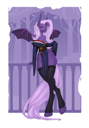 Size: 3028x4348 | Tagged: safe, artist:kirasunnight, derpibooru import, oc, oc only, oc:lilac night, anthro, bat pony, unguligrade anthro, anthro oc, bat pony oc, clothes, crossed hooves, female, hooves, looking at you, outfit, passepartout, solo, stockings, tail, thigh highs, wings