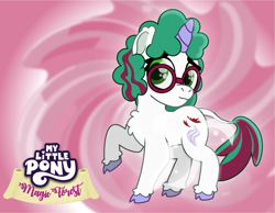 Size: 1113x862 | Tagged: safe, artist:prixy05, derpibooru import, gusty, classical unicorn, pony, unicorn, series:magic forest, g1, abstract background, cloven hooves, female, filly, foal, glasses, glowing cutie mark, gradient background, horn, leonine tail, solo, swirly background, unshorn fetlocks