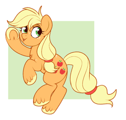 Size: 818x781 | Tagged: safe, artist:lulubell, derpibooru import, applejack, earth pony, pony, g4, cheering, chibi, hatless, missing accessory, passepartout, solo, underhoof, unshorn fetlocks