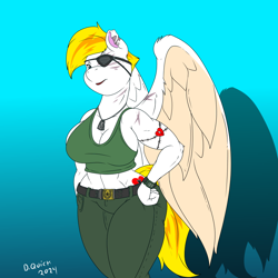 Size: 900x900 | Tagged: safe, artist:quicktron, derpibooru import, oc, oc only, oc:storm chaser, anthro, pegasus, anthro oc, blue background, breasts, busty oc, clothes, dog tags, eyepatch, facial scar, female, g.i. joe, gradient background, hand on hip, muscles, muscular female, scar, shadow, signature, simple background, solo, tanktop, tattoo, torn ear