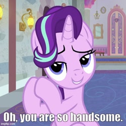 Size: 500x500 | Tagged: safe, derpibooru import, edit, edited screencap, screencap, starlight glimmer, pony, unicorn, a horse shoe-in, g4, bronybait, caption, flirting, horn, image macro, imgflip, indoors, lidded eyes, school of friendship, solo, talking to viewer, text