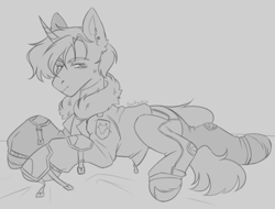 Size: 3632x2760 | Tagged: safe, artist:bellumangeli, derpibooru import, oc, oc only, pony, unicorn, fallout equestria, armor, bed, clothes, ear fluff, ear piercing, ears, horn, jacket, looking back, male, monochrome, pants, piercing, simple background, sketch, solo