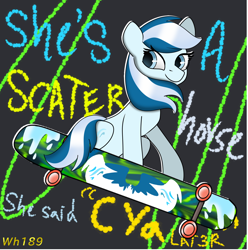 Size: 1500x1515 | Tagged: safe, artist:wh189, derpibooru import, oc, oc only, oc:serene dive, earth pony, pony, graffiti, happy, intentional spelling error, looking at you, misspelling, skateboard, skateboarding, solo, text, totally radical, wave