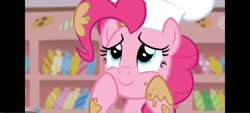 Size: 1600x720 | Tagged: safe, derpibooru import, screencap, pinkie pie, earth pony, g4, the lost treasure of griffonstone, chef, female, hooves on face, indoors, kitchen, solo, sugarcube corner