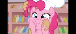 Size: 1600x720 | Tagged: safe, derpibooru import, screencap, pinkie pie, earth pony, pony, g4, the lost treasure of griffonstone, chef, chef's hat, female, hat, hooves on face, indoors, kitchen, pillarboxing, solo, squishy cheeks, sugarcube corner