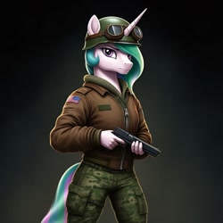 Size: 1024x1024 | Tagged: safe, ai content, derpibooru import, machine learning generated, princess celestia, anthro, g4, bomber jacket, clothes, cosplay, costume, female, g.i. joe, general hawk, generator:google imagen 3.0, goggles, gradient background, gun, handgun, helmet, jacket, m1911, pistol, prompter:zerowinger, solo, weapon