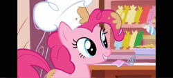 Size: 1600x720 | Tagged: safe, derpibooru import, screencap, pinkie pie, earth pony, pony, g4, the lost treasure of griffonstone, chef, chef's hat, female, hat, indoors, kitchen, pillarboxing, solo, sugarcube corner