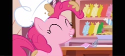 Size: 1600x720 | Tagged: safe, derpibooru import, screencap, pinkie pie, earth pony, pony, g4, the lost treasure of griffonstone, chef, chef's hat, eyes closed, female, hat, indoors, kitchen, pillarboxing, solo, sugarcube corner