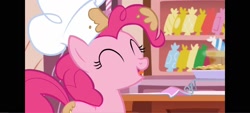 Size: 1600x720 | Tagged: safe, derpibooru import, screencap, pinkie pie, earth pony, pony, g4, the lost treasure of griffonstone, chef, chef's hat, eyes closed, female, hat, indoors, kitchen, pillarboxing, solo, sugarcube corner