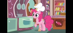 Size: 1600x720 | Tagged: safe, derpibooru import, screencap, pinkie pie, earth pony, pony, g4, the lost treasure of griffonstone, chef, chef's hat, female, hat, indoors, kitchen, oven, pillarboxing, solo, sugarcube corner