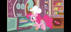 Size: 1600x720 | Tagged: safe, derpibooru import, screencap, pinkie pie, earth pony, pony, g4, the lost treasure of griffonstone, chef, chef's hat, female, hat, indoors, kitchen, oven, pillarboxing, solo, sugarcube corner