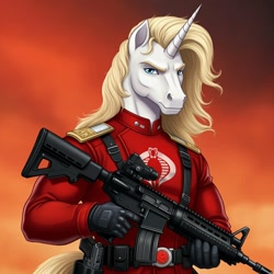 Size: 1024x1024 | Tagged: safe, ai content, derpibooru import, machine learning generated, prince blueblood, anthro, unicorn, g4, assault rifle, clothes, cobra the enemy, cosplay, costume, crimson guard, g.i. joe, generator:google imagen 3.0, gradient background, gun, horn, male, military uniform, prompter:zerowinger, rifle, solo, uniform, weapon