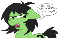 Size: 2238x1440 | Tagged: safe, artist:dhm, derpibooru import, oc, oc only, oc:anon filly, pony, digital art, disdain, female, filly, foal, question, reaction image, simple background, solo, speech bubble, transparent background, vulgar