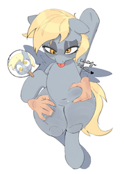 Size: 1702x2379 | Tagged: safe, artist:maremagnet, derpibooru import, derpy hooves, human, pegasus, pony, g4, belly, belly button, belly grab, blush lines, blushing, bubble butt, butt, chubby, cute, derpabetes, disembodied hand, female, female focus, hand, hands on thighs, heart, human on pony petting, lidded eyes, looking down, mare, moaning, moaning in pleasure, petting, raised leg, simple background, solo, solo focus, squishy, stupid sexy derpy, swirly eyes, tongue, tongue out, white background