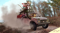 Size: 4458x2489 | Tagged: safe, artist:gooseshit, derpibooru import, oc, oc only, dragon, goat, pegasus, pony, car, lada, lada niva, outdoors, vehicle