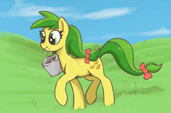 Size: 3000x1980 | Tagged: safe, artist:t72b, derpibooru import, apple fritter, earth pony, pony, g4, apple family member, bow, bucket, cloud, female, grass, grass field, mare, mouth hold, outdoors, sky, solo, trotting