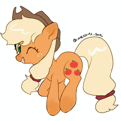 Size: 4096x4096 | Tagged: safe, artist:metaruscarlet, derpibooru import, applejack, earth pony, pony, g4, applejack's hat, clothes, cowboy hat, freckles, grin, hat, hopping, looking at you, one eye closed, simple background, smiling, solo, white background, wink, winking at you