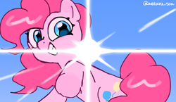 Size: 4096x2372 | Tagged: safe, artist:metaruscarlet, derpibooru import, pinkie pie, earth pony, pony, g4, grin, raised hoof, raised leg, sky, smiling, solo, sunlight