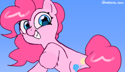 Size: 4096x2372 | Tagged: safe, artist:metaruscarlet, derpibooru import, pinkie pie, earth pony, pony, g4, grin, raised hoof, raised leg, sky, smiling, solo