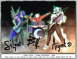 Size: 3508x2700 | Tagged: safe, artist:argent arms, derpibooru import, oc, oc only, oc:argent arms, oc:blunt hoof, oc:silent eyes, anthro, bass guitar, blue coat, blue mane, clothes, crescent moon, drum kit, drumming, drums, drumsticks, electric guitar, fog, glowing, glowing horn, gray coat, guitar, guitar pick, horn, magic, magic aura, moon, musical instrument, performance, photo, rainbow rocks 10th anniversary, red coat, rock and roll, rock band, signature, white mane, wings