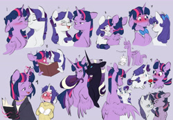 Size: 7800x5430 | Tagged: safe, artist:chub-wub, derpibooru import, dusk shine, elusive, mean rarity, mean twilight sparkle, nightmare rarity, rarity, twilight sparkle, twilight sparkle (alicorn), unicorn twilight, alicorn, pony, unicorn, g4, the mean 6, absurd resolution, alternate hairstyle, blue eyes, blushing, blushing profusely, book, bowtie, clone, clothes, dress suit, ears, eyes closed, female, floppy ears, flower, glasses, half r63 shipping, height difference, horn, horns are touching, lesbian, male, mare, necktie, nuzzling, older, older rarity, older twilight, purple background, rarilight, rose, rule 63, ship:rarishine, ship:twilusive, shipping, simple background, stallion, straight, sweater, tall