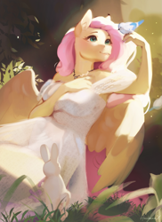 Size: 1639x2248 | Tagged: safe, artist:hackainax, derpibooru import, fluttershy, anthro, bird, pegasus, rabbit, g4, animal, clothes, dress, grass, jewelry, necklace, outdoors, signature, solo