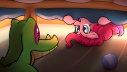 Size: 1920x1080 | Tagged: safe, artist:daromius, derpibooru import, gummy, pinkie pie, alligator, earth pony, pony, g4, bed, duo, hide and seek, indoors, under the bed