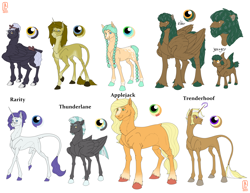 Size: 4700x3635 | Tagged: safe, artist:anelaponela, derpibooru import, applejack, rarity, thunderlane, trenderhoof, oc, earth pony, pegasus, pony, unicorn, g4, crack shipping, female, freckles, headcanon, headcanon in the description, herd, horn, lesbian, male, parent:applejack, parent:rarity, parent:thunderlane, parent:trenderhoof, polyamory, rarijack, shipping, simple background, straight, travelersverse, trenderjack, white background