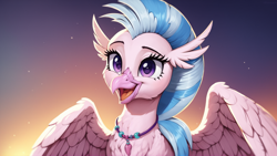 Size: 1920x1080 | Tagged: safe, ai content, derpibooru import, editor:natjo, machine learning generated, silverstream, hippogriff, g4, beak, cute, diastreamies, digital art, female, open beak, open mouth, open smile, outdoors, prompter:natjo, smiling, solo